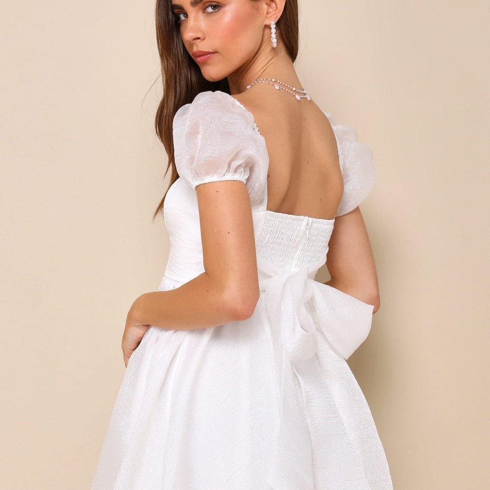 Lulus Sweetest Grace Shiny White Organza Puff Sleeve Mini Dress